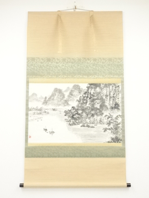 JAPANESE HANGING SCROLL / HAND PAINTED / MOUNTAIN & STREAM
